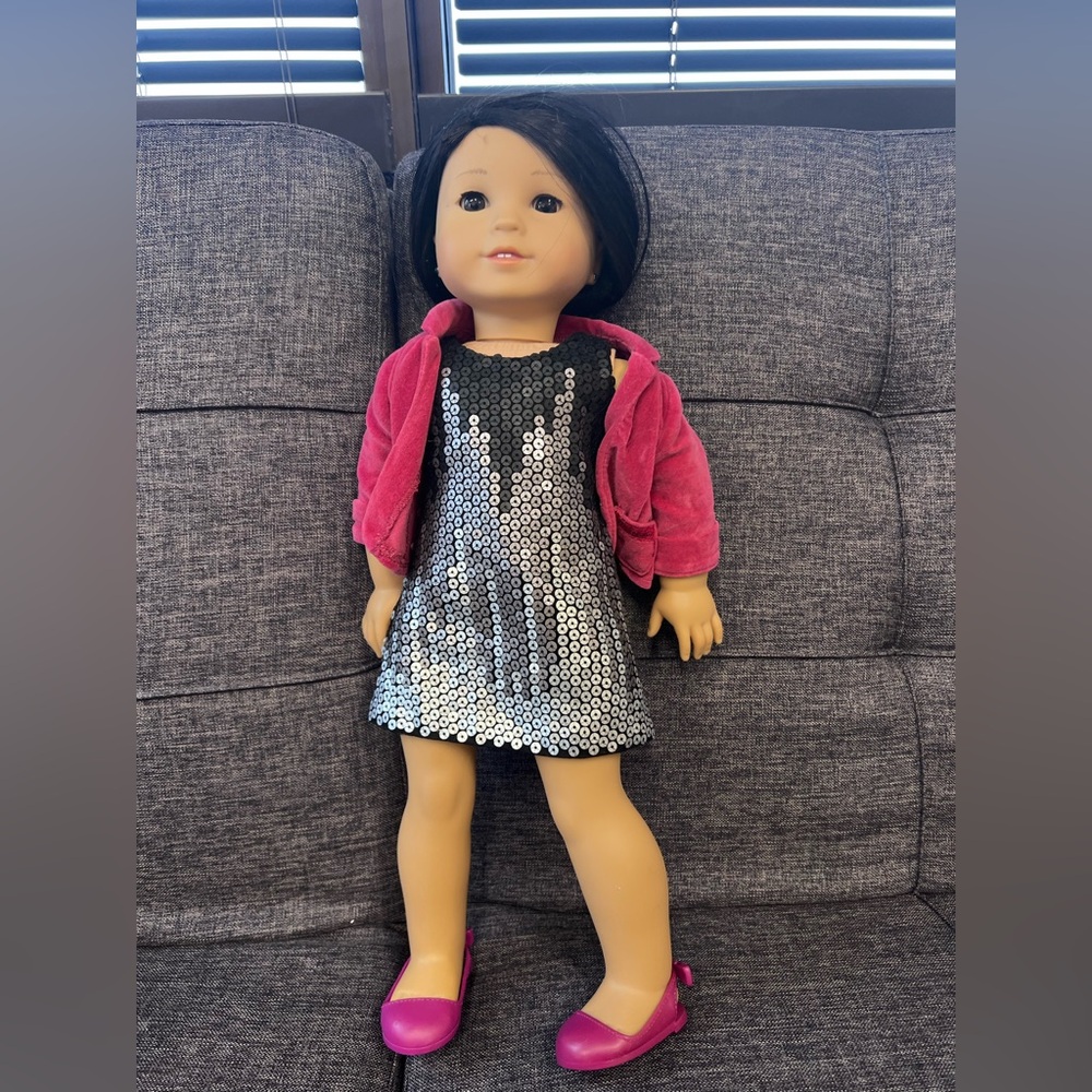 American Girl Doll – Black Hair, Silver Sequin Dress & Pink Jacket, 18”